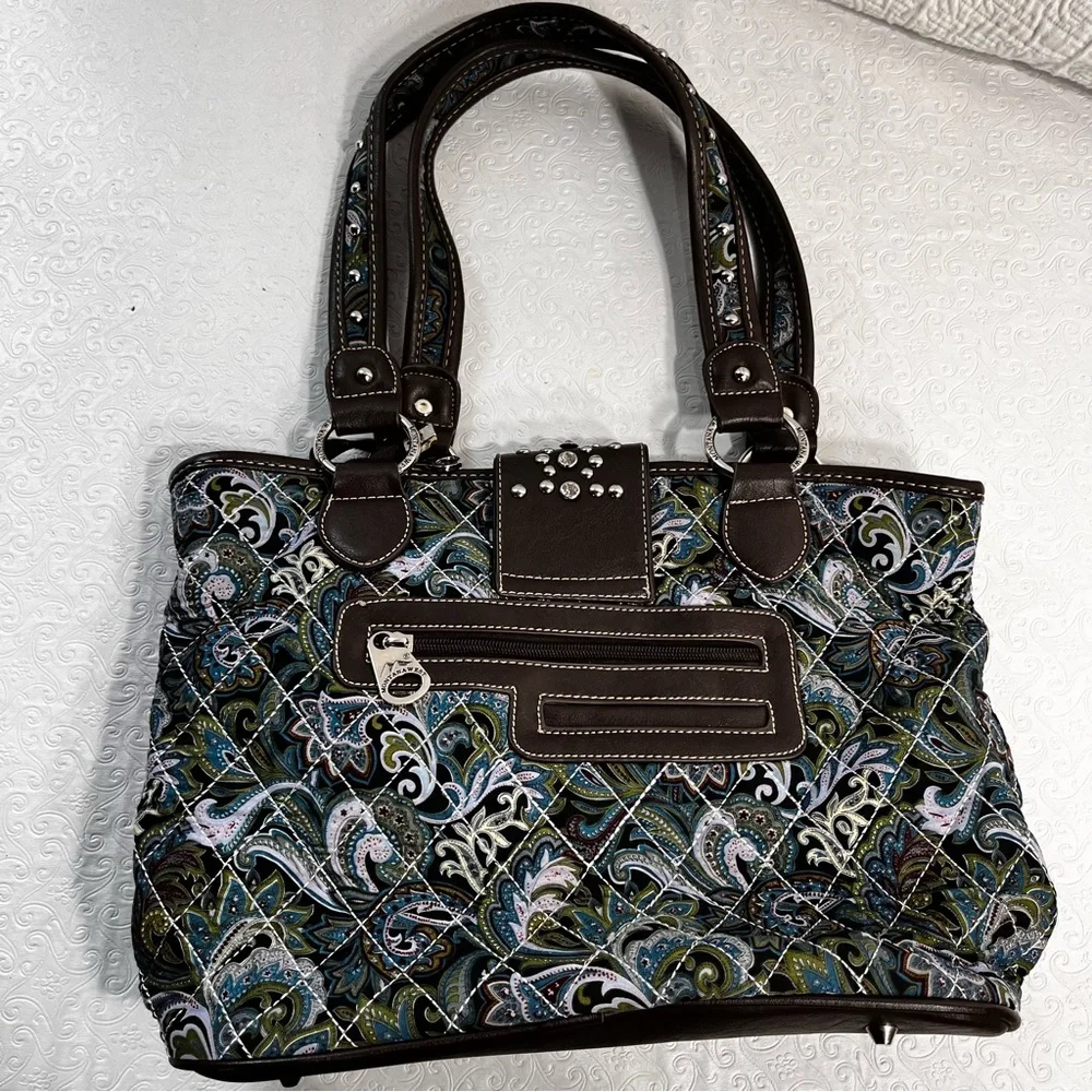 Montana West Western Purse Handbag Concho Turquoise Paisley Print Silver Cowgirl